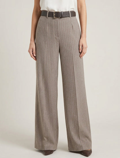 Pantalon ample rayé avec ceinture - Taupe