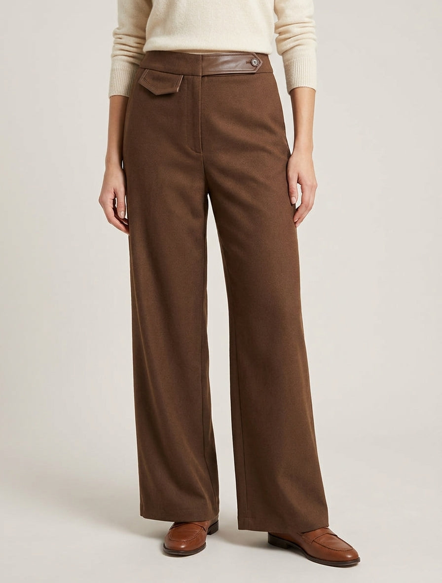 Pantalon ample à empiècement simili - Marron