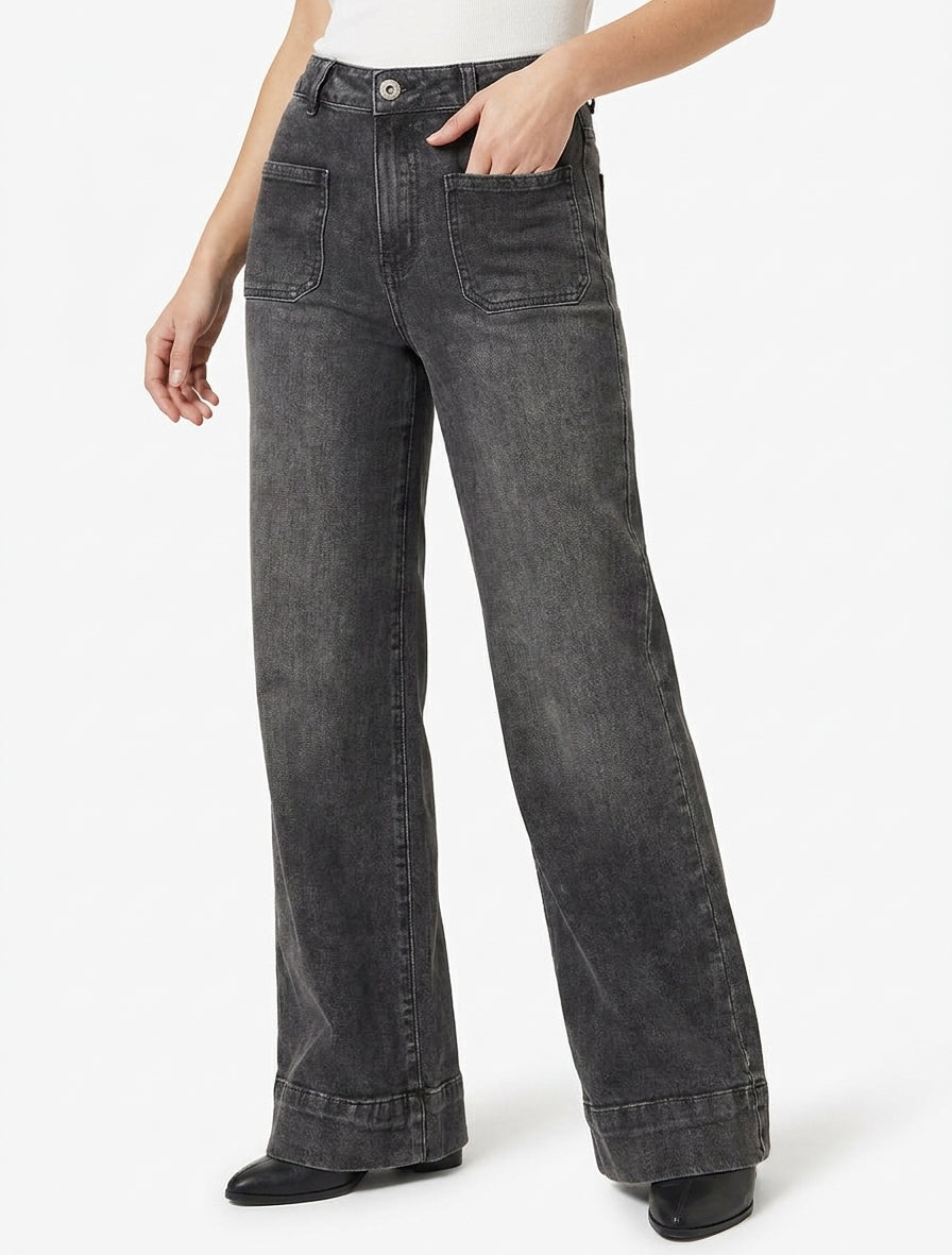 Jean wide leg taille haute délavé - Gris anthracite