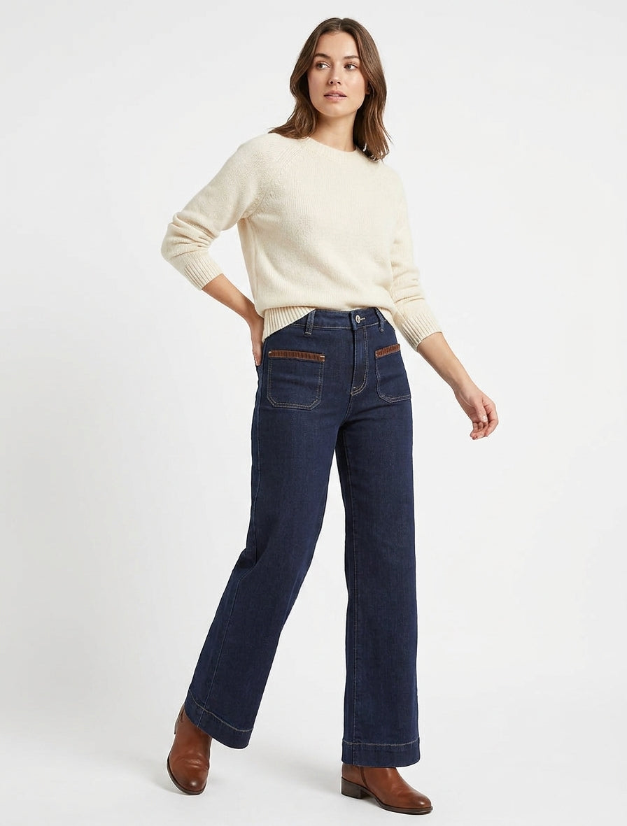 Jean wide leg taille haute à empiècement - Bleu brut