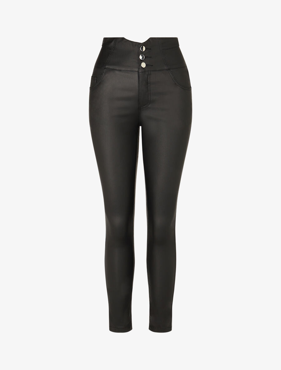 Pantalon uni en simili à 3 boutons - Noir - 1