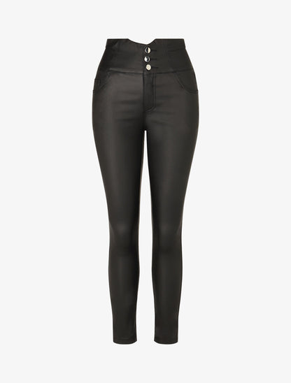 Pantalon uni en simili à 3 boutons - Noir - 1