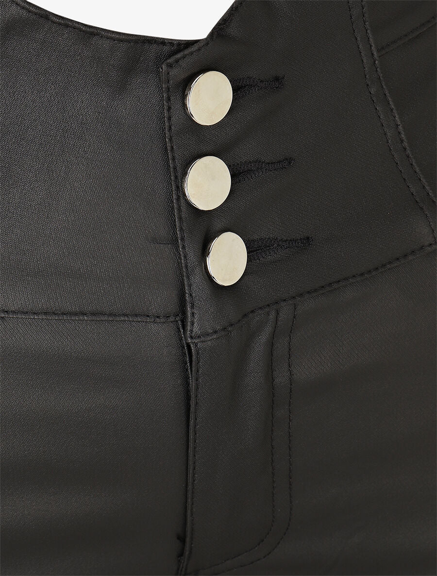 Pantalon uni en simili à 3 boutons - Noir - 3