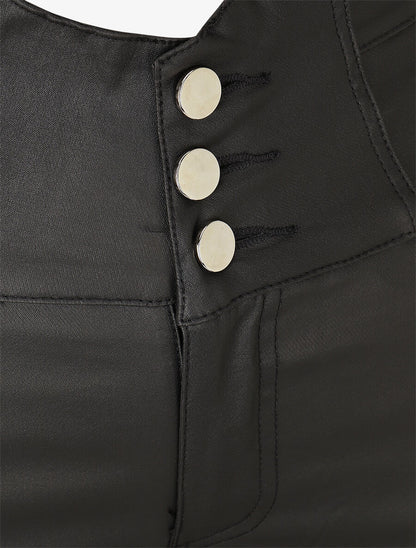 Pantalon uni en simili à 3 boutons - Noir - 3