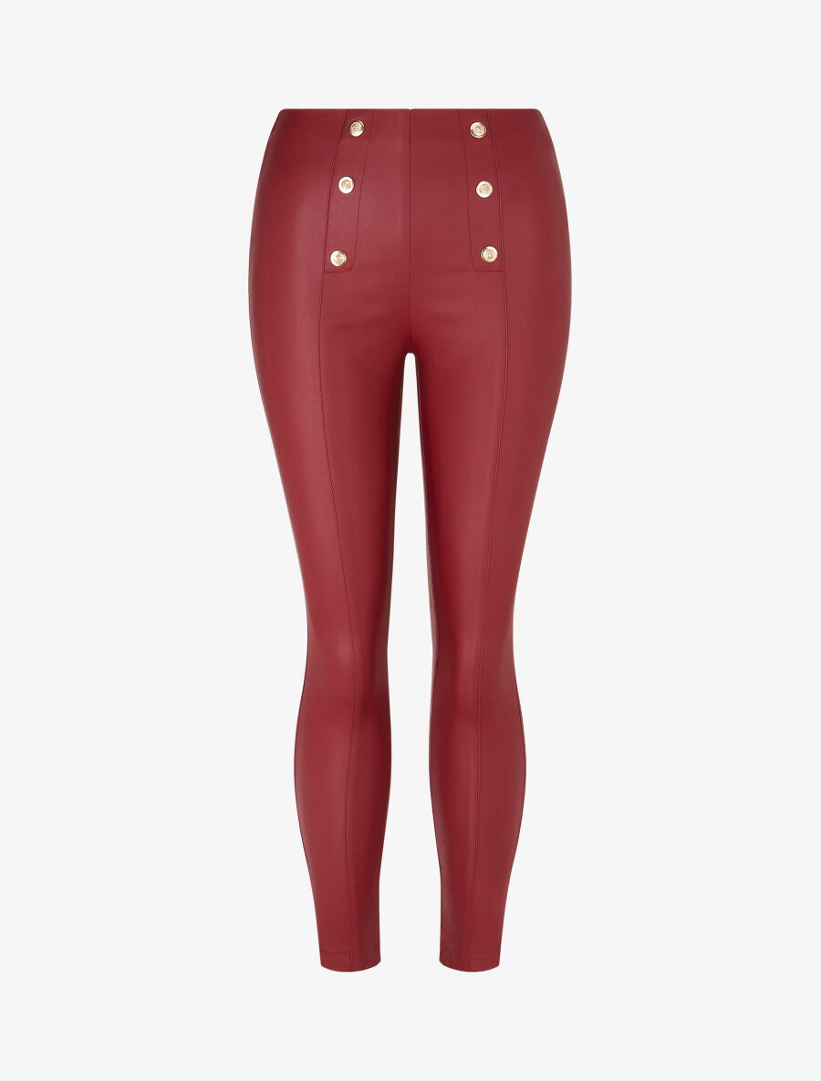 Pantalon uni en simili à boutons décoratifs - Bordeaux - 4