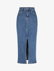 Jupe droite fendue en jean - Bleu