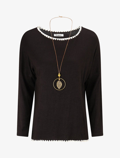 Pull fin uni à bords brodés - Noir - 1