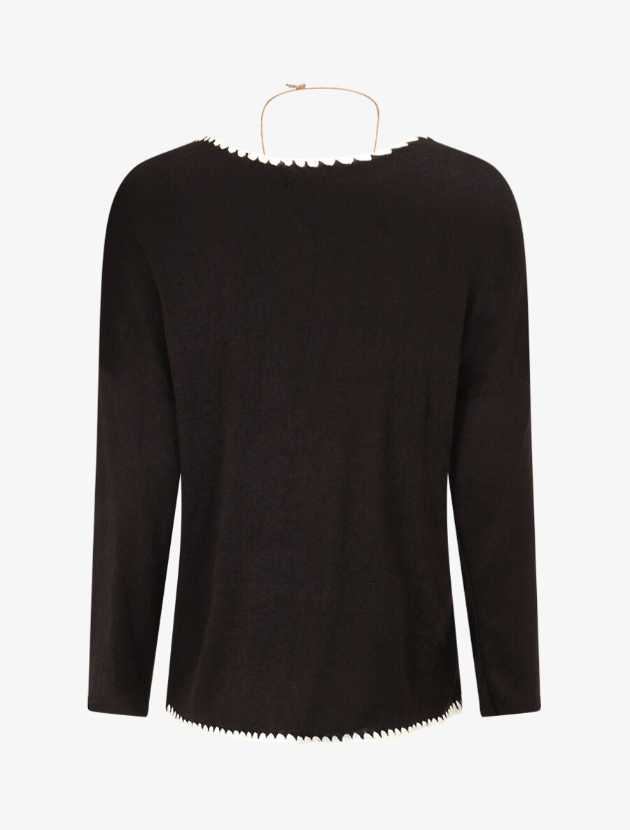 Pull fin uni à bords brodés - Noir - 2