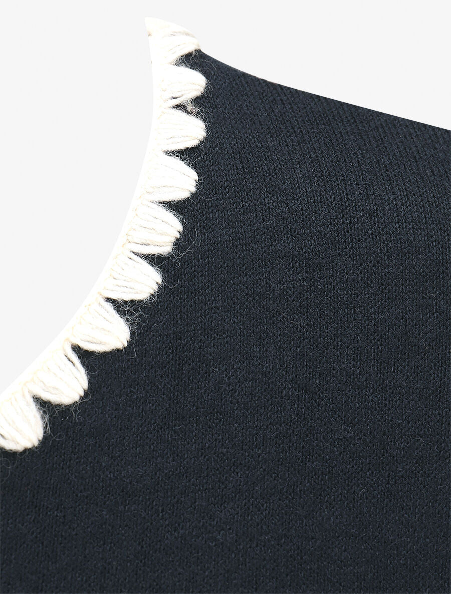 Pull fin uni à bords brodés - Marine - 3