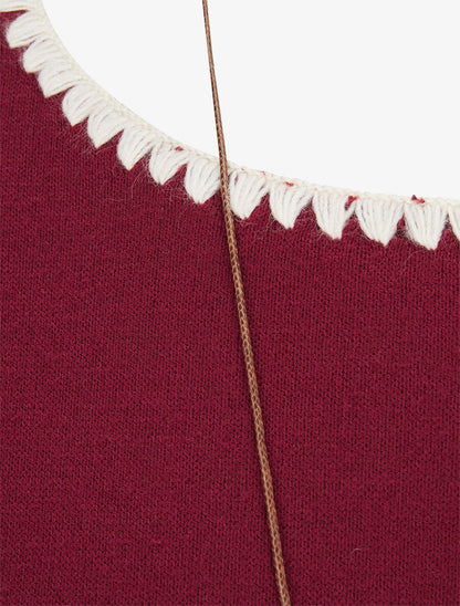 Pull fin uni à bords brodés - Lie de vin - 3