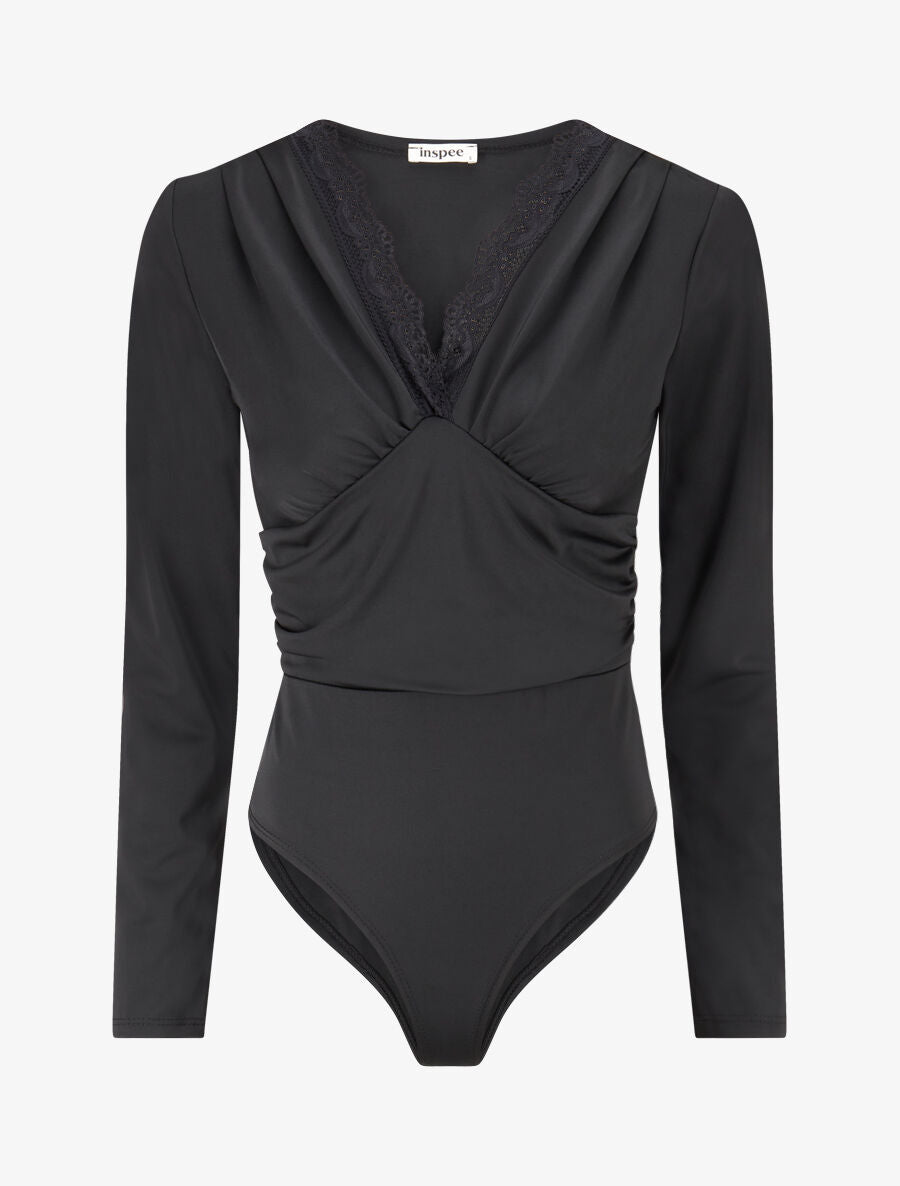 Body à détail dentelle et ventre plissé - Noir - 1