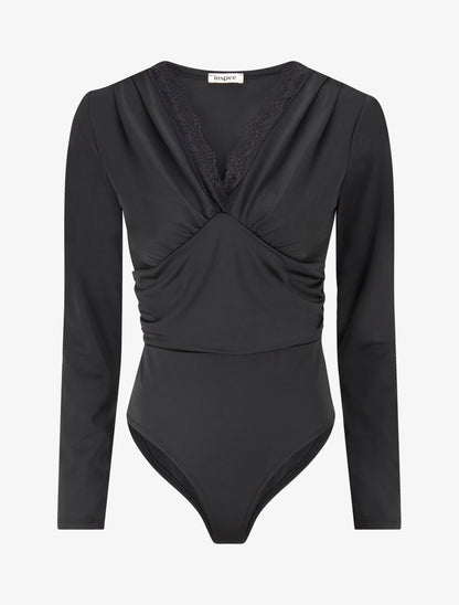 Body à détail dentelle et ventre plissé - Noir - 1