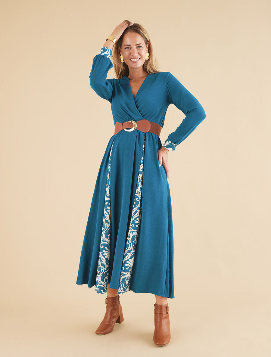 Robe longue à pans imprimé baroque Bleu lagon Inspee