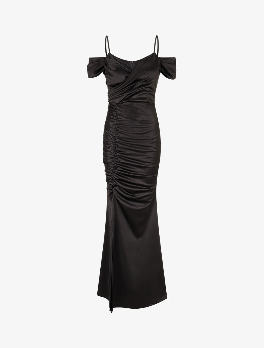 Robe longue fendue à épaules dénudées - Noir - 5