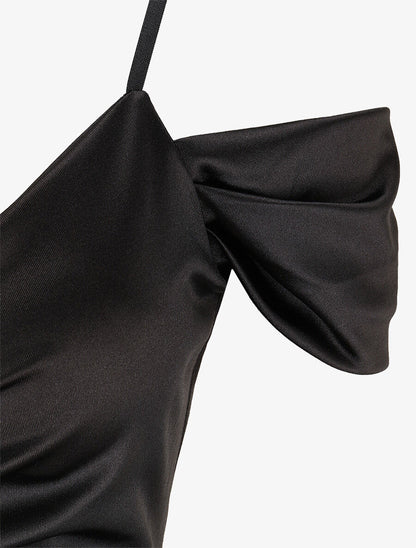 Robe longue fendue à épaules dénudées - Noir - 3