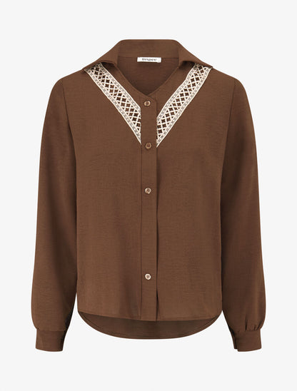 Chemise unie à col brodé - Marron - 4