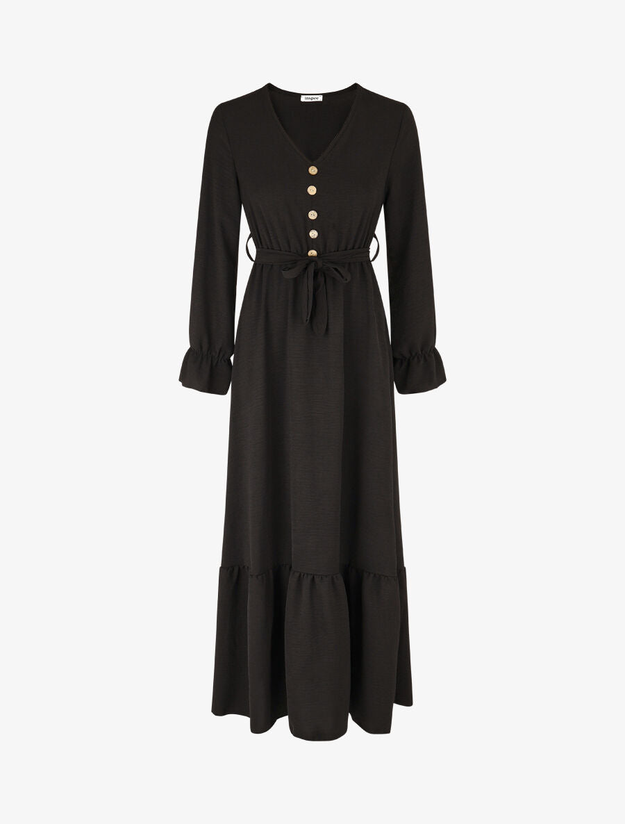 Robe longue uni à taille élastiquée - Noir - 4