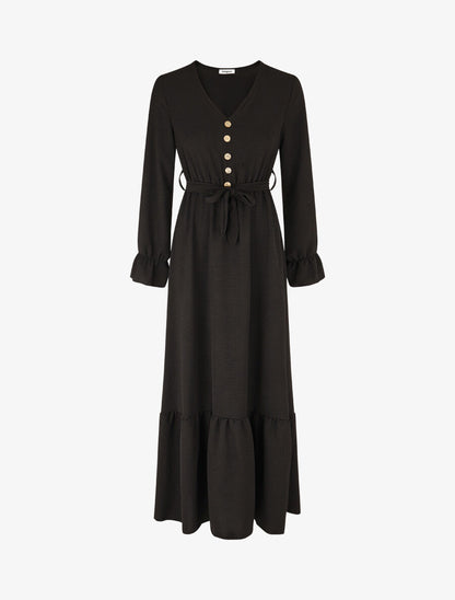 Robe longue uni à taille élastiquée - Noir - 4