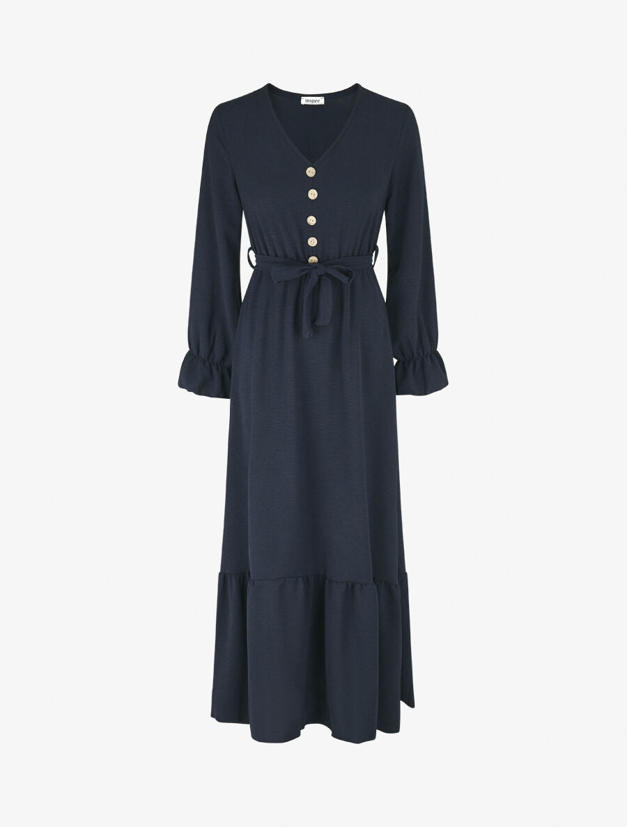 Robe longue uni à taille élastiquée - Marine - 1