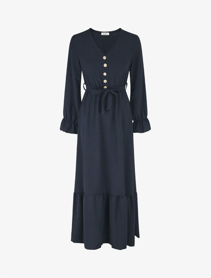 Robe longue uni à taille élastiquée - Marine - 1