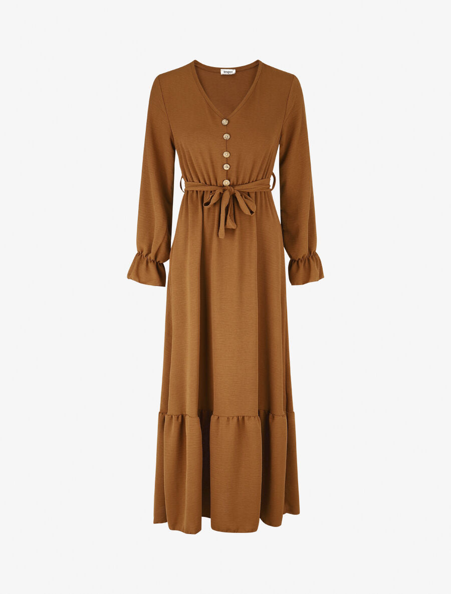 Robe longue uni à taille élastiquée - Camel - 1