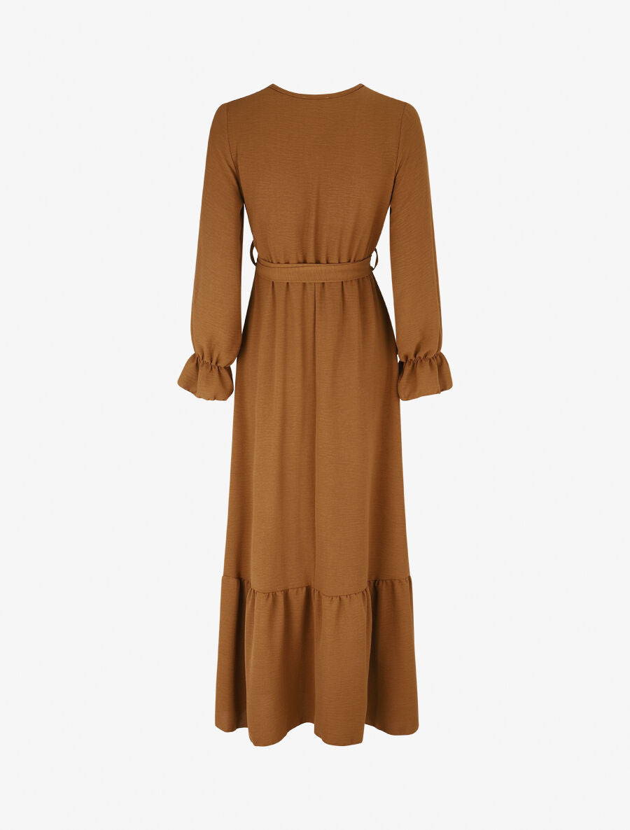 Robe longue uni à taille élastiquée - Camel - 2