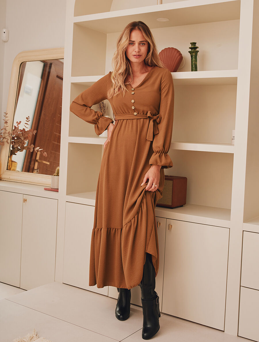 Robe longue uni à taille élastiquée - Camel - 4