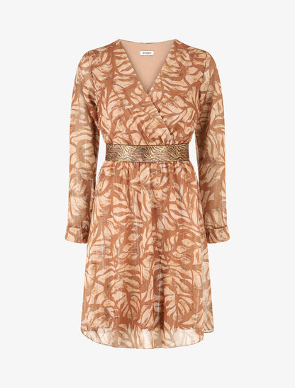 Robe fluide imprimé fleuri à taille stylisée - Camel - 1