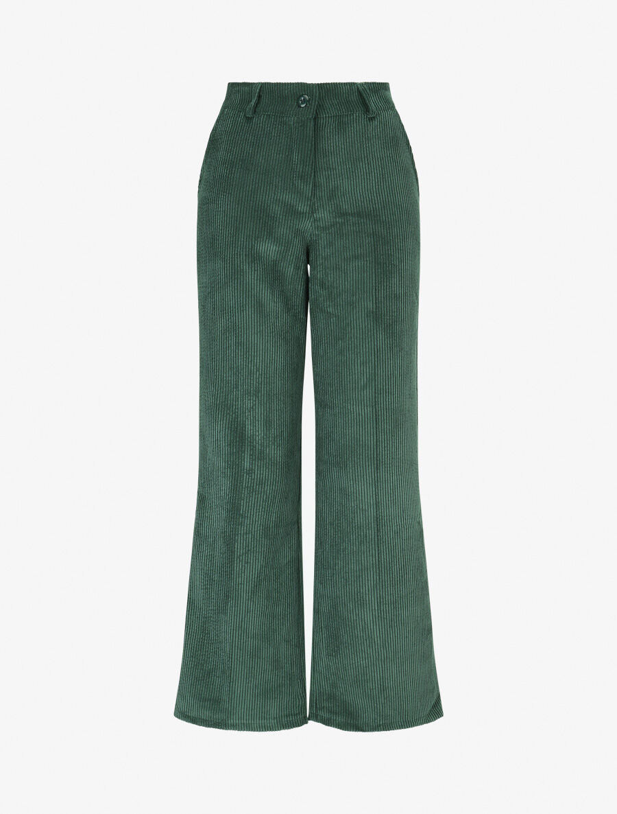 Pantalon uni en velours - Vert - 4