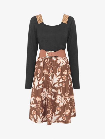 Robe bimatière à col à bandes élastiquées stylisées - Marron - 1