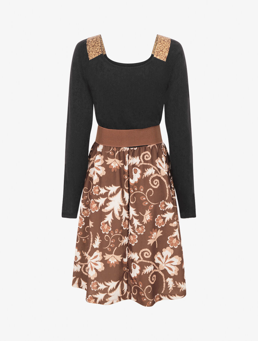 Robe bimatière à col à bandes élastiquées stylisées - Marron - 2