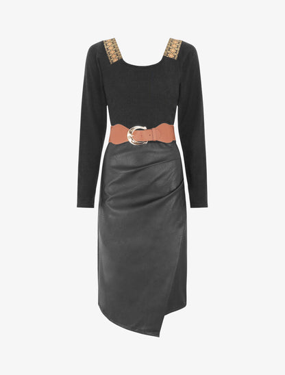 Robe bimatière effet portefeuille à col stylisé - Noir - 5