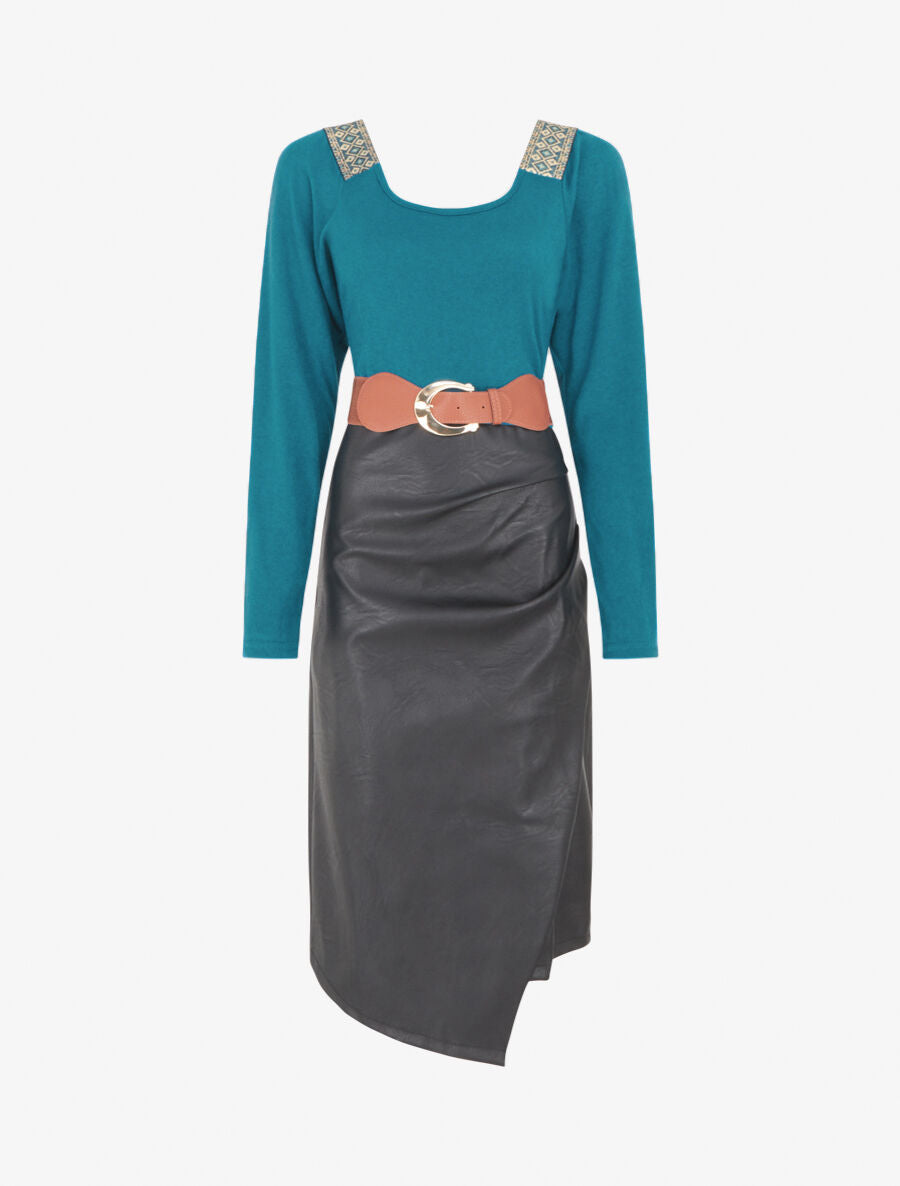 Robe bimatière effet portefeuille à col stylisé - Bleu pétrole - 1