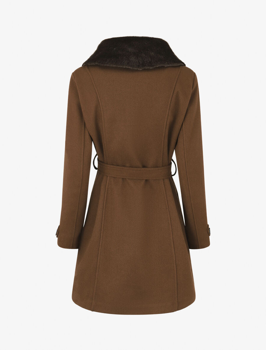 Manteau uni à col en fourrure synthétique - Marron - 2