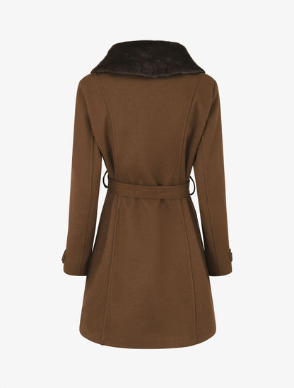 Manteau uni à col en fourrure synthétique - Marron - 2