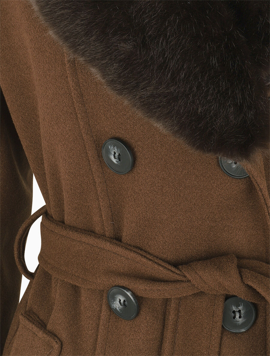 Manteau uni à col en fourrure synthétique - Marron - 3
