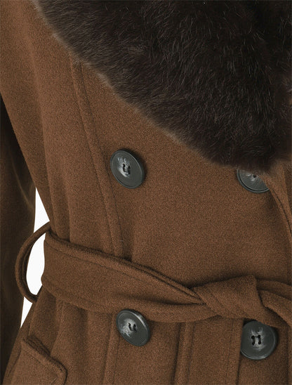 Manteau uni à col en fourrure synthétique - Marron - 3