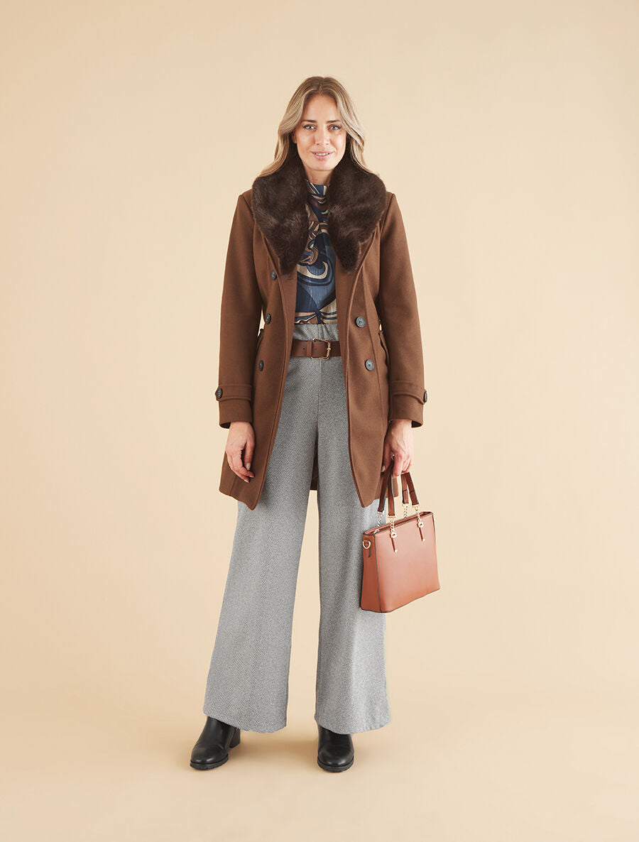 Manteau uni à col en fourrure synthétique - Marron - 5