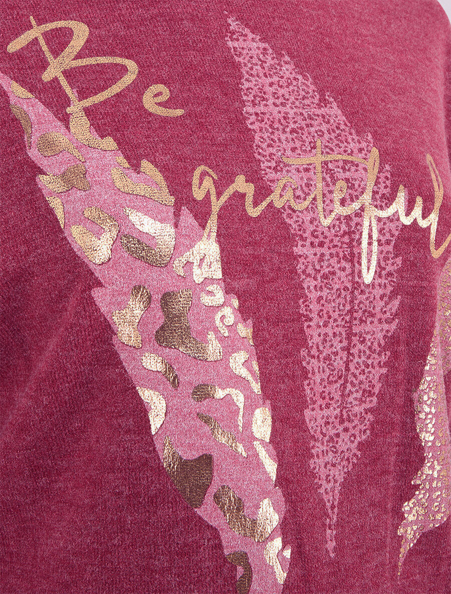 Pull à imprimé plumes floqué léopard - Bordeaux chiné - 3