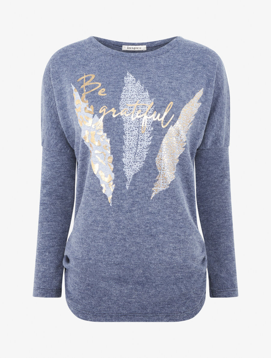 Pull à imprimé plumes floqué léopard - Bleu chiné - 1