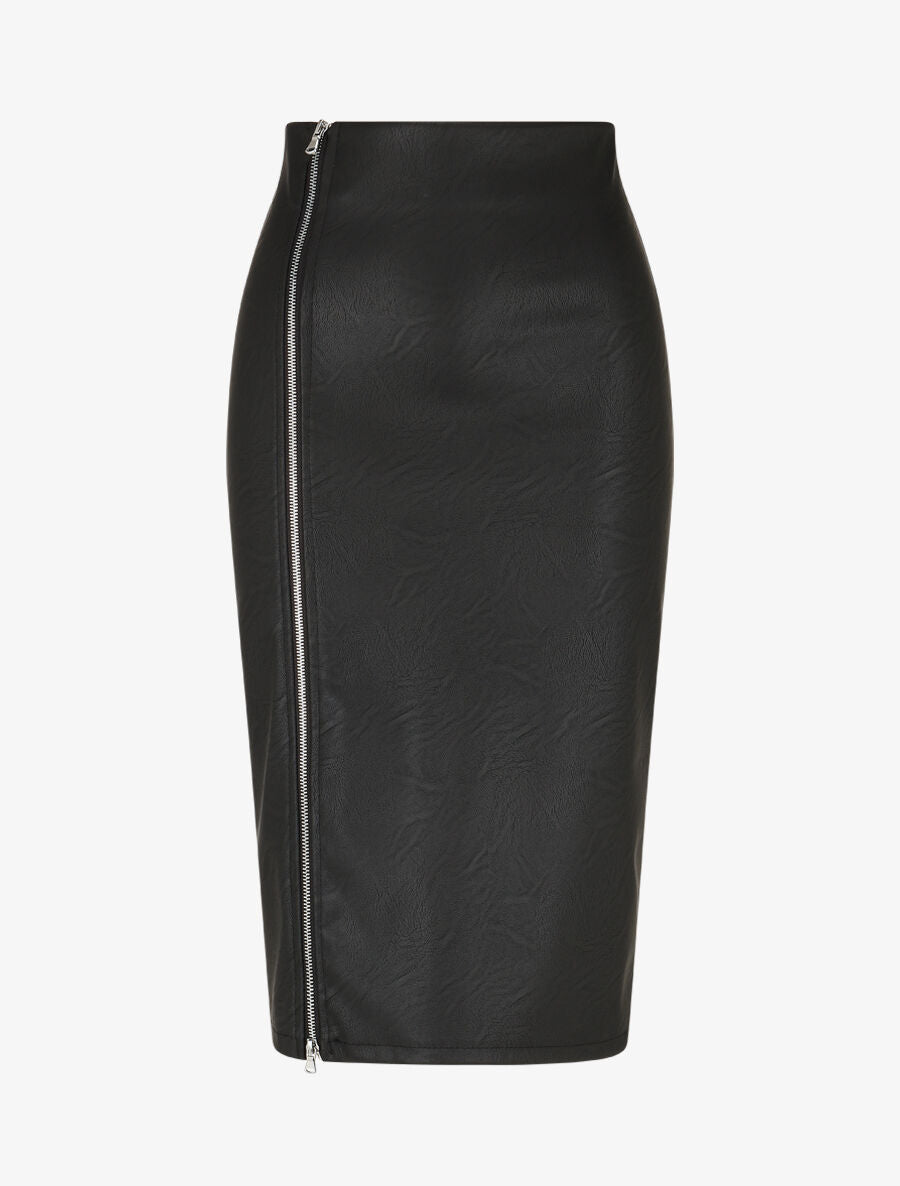 Jupe mi-longue zippée en simili - Noir - 5