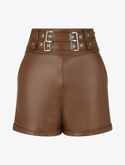 Short en simili à double passants décoratifs - Marron - 1