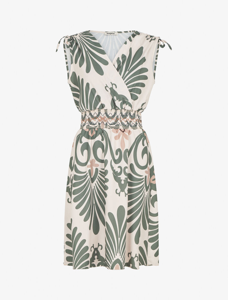 Robe élastiquée à imprimé ikat - Kaki - 1