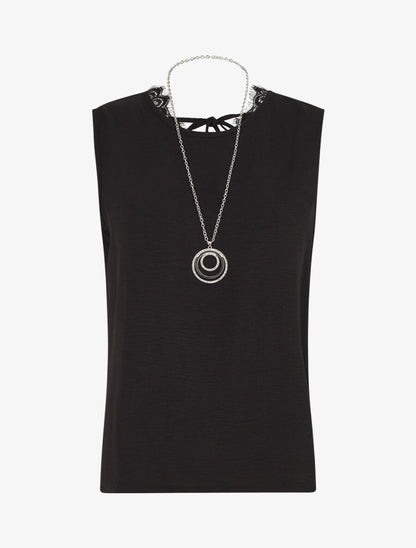 Top sans manches droit col dentelle - Noir - 1
