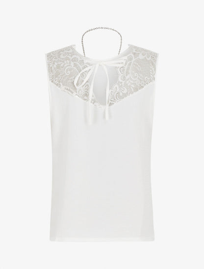 Top sans manches droit col dentelle - Blanc - 2