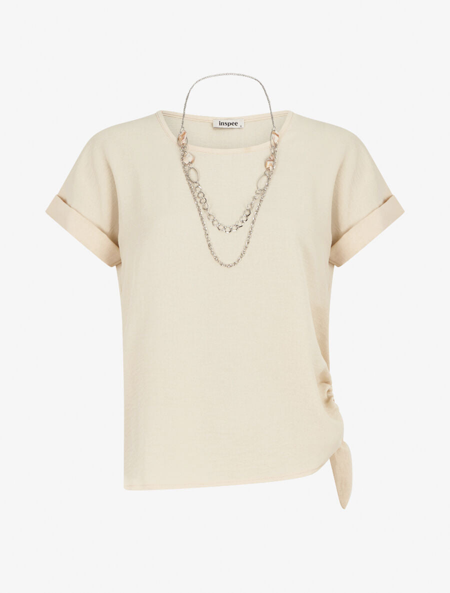 Top droit manches courtes bords à noeud - Beige - 4