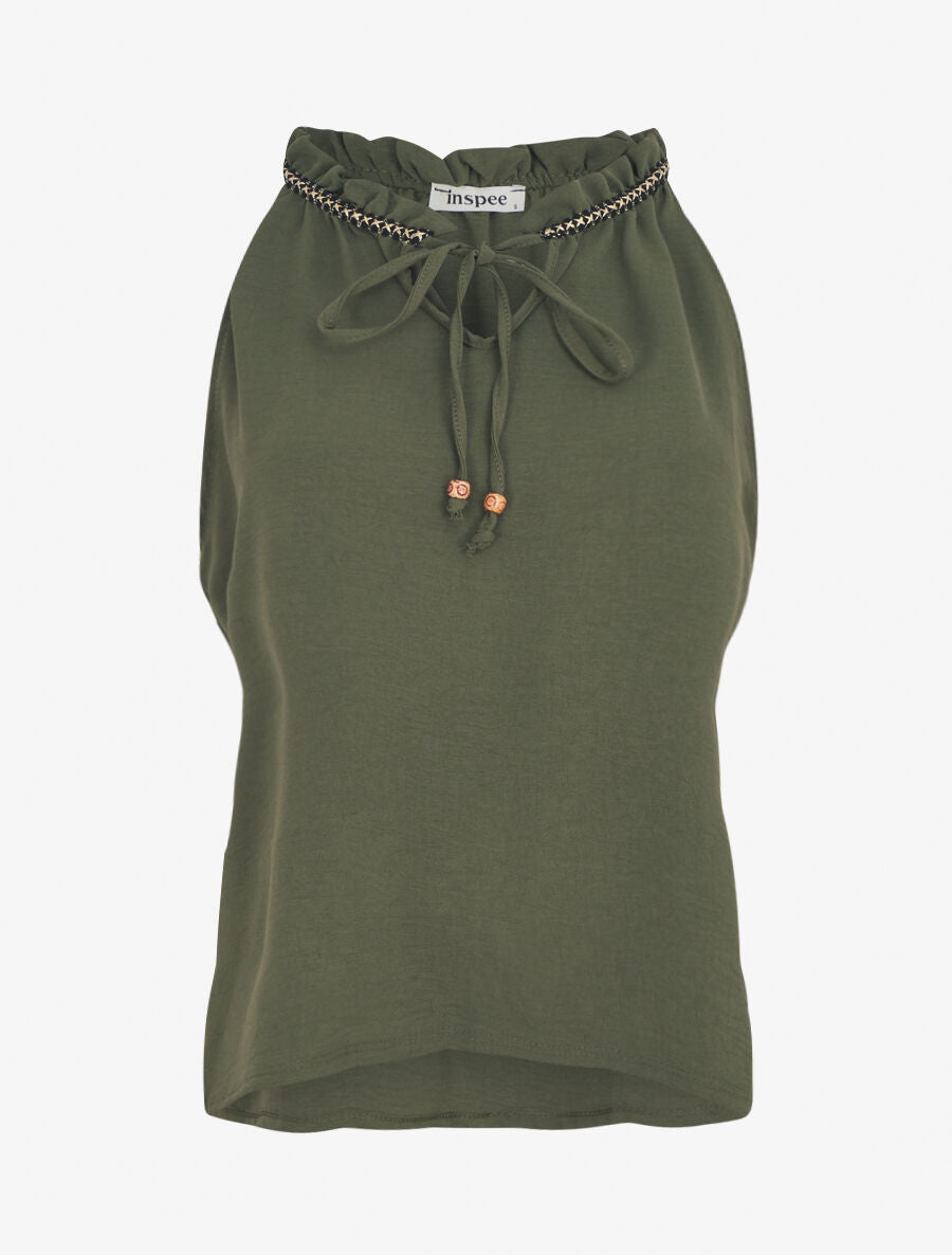 Top uni à col V et détail brodé - Kaki - 1