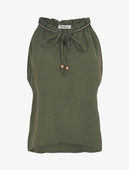 Top uni à col V et détail brodé - Kaki - 1