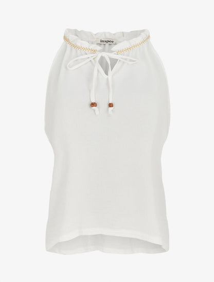 Top uni à col V et détail brodé - Blanc - 1