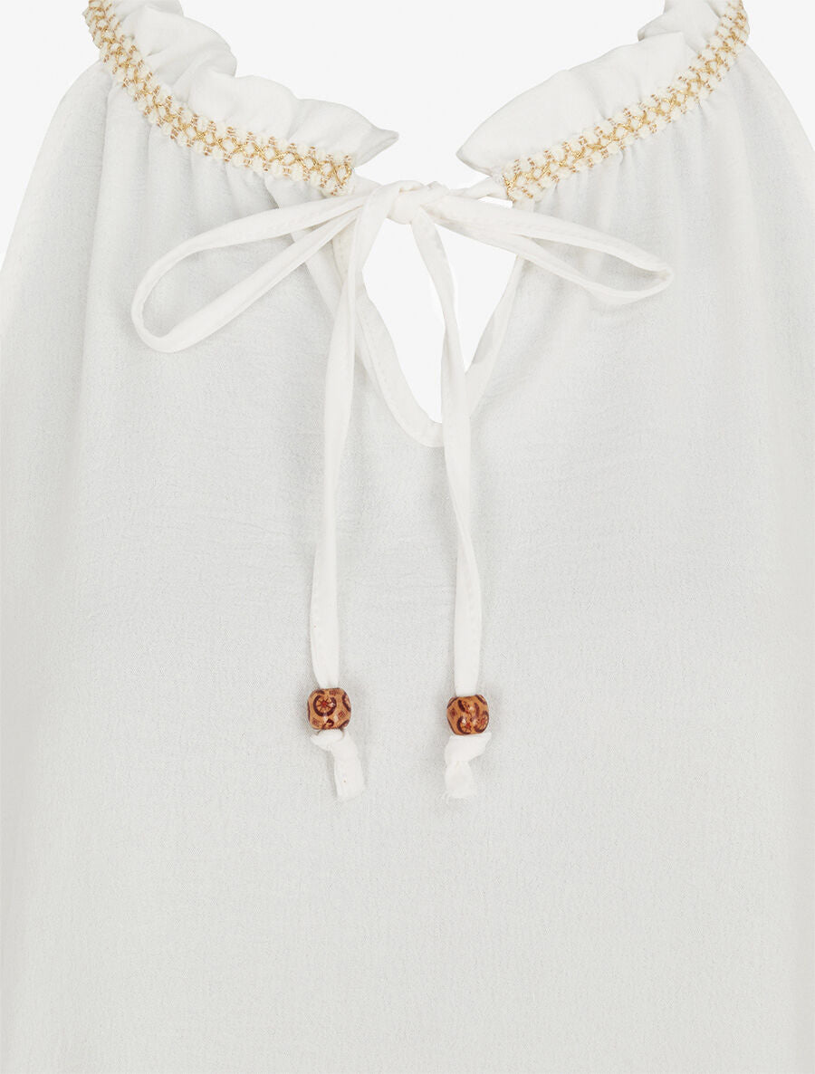 Top uni à col V et détail brodé - Blanc - 3